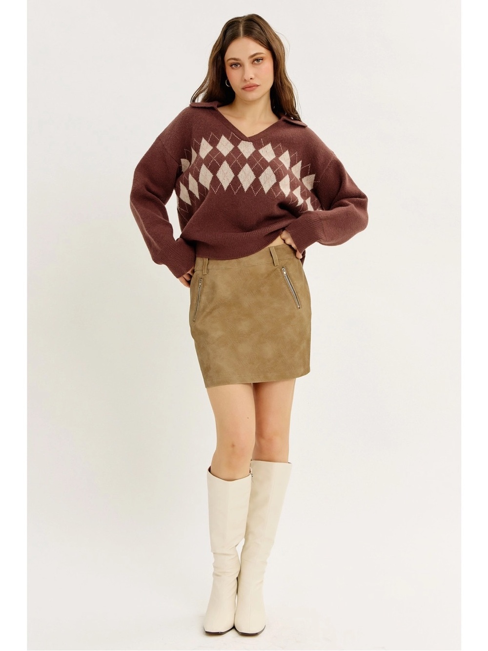 Faux Leather Zip-Pocket Mini Skirt in Taupe - 897
